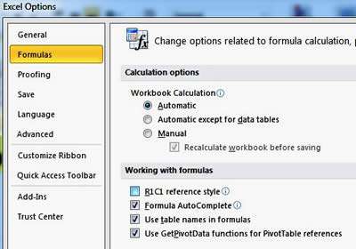 Formulas option in Excel