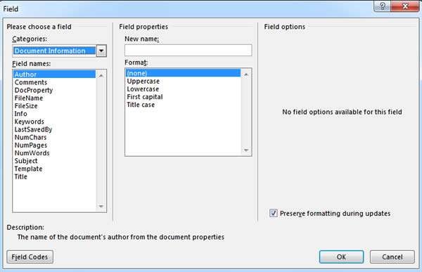 Fields in Microsoft Word